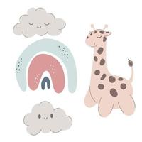 girafe de pépinière. arc-en-ciel boho et animal mignon. arc-en-ciel abstrait et nuages. illustration d'affiche et chambre de bébé. illustration plate de dessin animé de vecteur stock sur fond blanc.