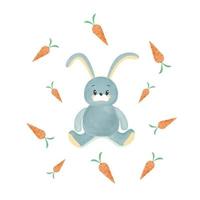 dessin animé mignon bébé lapin aquarelle avec des carottes autour vecteur