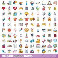 Ensemble de 100 icônes d'enfance, style cartoon vecteur