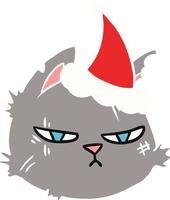 illustration en couleur plate d'un visage de chat dur portant un bonnet de noel vecteur