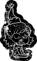 icône en détresse de dessin animé d'une fille elfe portant un bonnet de noel vecteur