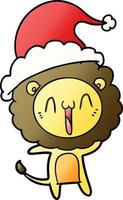 dessin animé dégradé heureux d'un lion portant un bonnet de noel vecteur