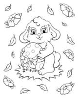 un lapin mignon tient un œuf de pâques dans ses pattes. page de livre de coloriage pour les enfants. personnage de style dessin animé. illustration vectorielle isolée sur fond blanc. vecteur