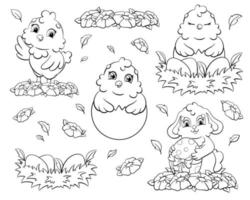 page de livre de coloriage pour les enfants. ensemble de poulets mignons et lapin. thème de Pâques. personnage de style dessin animé. illustration vectorielle isolée sur fond blanc. vecteur