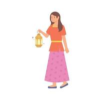 une femme en vêtements indiens traditionnels marche avec une belle lanterne. vecteur