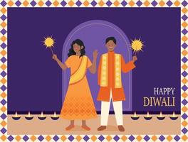 affiche du festival diwali. une femme et un homme en costumes indiens traditionnels tiennent un cierge magique dans leurs mains et profitent du festival.