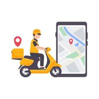 le chauffeur-livreur utilise un téléphone mobile avec un écran de carte. concept de livraison de nourriture en ligne vecteur