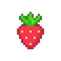 fraise pixel rouge. baie sucrée avec des graines jaunes et une queue verte. dessert d'été naturel et élément de jeu vectoriel 8 bits