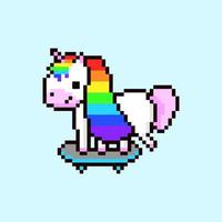 licorne pixel sur planche à roulettes. un animal mythique mignon avec une crinière arc-en-ciel se promène joyeusement. personnage joyeux de dessin animé pour les économiseurs d'écran pour enfants et les jeux vectoriels 8 bits vecteur