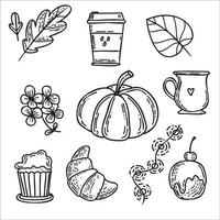 éléments de doodle d'automne de couleur marron, feuilles de chêne, tasse à café, guirlande, gâteau à la cerise, cupcake, tasse à thé, citrouille, fleurs et croissant. ensemble de vecteur dessiné à la main