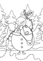 Image vectorielle à colorier d'un bonhomme de neige avec un chapeau et une guirlande dans les bois. illustration en noir et blanc pour les enfants, dessinée en style cartoon. illustration vectorielle pour la conception, les impressions et les motifs. vecteur