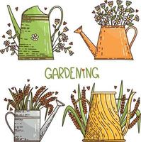 ensemble d'images vectorielles jardinage - quatre arrosoirs lumineux avec des marguerites et des épillets de fleurs, et des coeurs vecteur