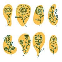 conception graphique de fleurs. ensemble vectoriel d'éléments floraux avec des fleurs dessinées à la main sur des taches jaunes