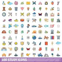 Ensemble de 100 icônes d'étude, style cartoon vecteur