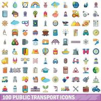 Ensemble de 100 icônes de transport public, style cartoon