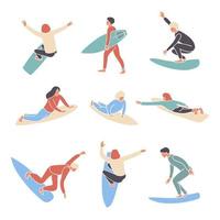 ensemble de style plat vectoriel de surfeurs garçon et fille surfeurs mosaïque abstraite stylisée. conception de minimalisme hors vagues dans différentes poses illustration vectorielle