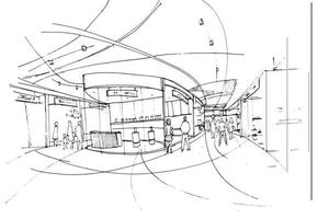 dessin d'esquisse de centre commercial, boutiques de mode et passants., design moderne, image vectorielle, illustration 2d vecteur