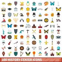 Ensemble de 100 icônes du centre d'histoire, style plat