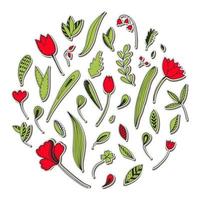 ensemble vectoriel d'autocollants avec des éléments floraux. collection de fleurs, feuilles, plantes ornementales dessinées à la main. illustration plate sur le thème de la nature, carte de printemps