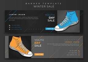 conception de modèle de bannière web avec sneaker bleu et jaune dans un design de fond sombre vecteur