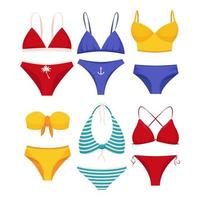 collection de maillots de bain pour femmes. ensemble de maillots de bain à la mode ou de hauts et bas de bikini. maillots de bain femme pour les vacances d'été. vecteur