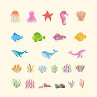 pack d'illustrations de la vie marine d'animaux marins, de poissons, de plantes et de récifs krawang vecteur