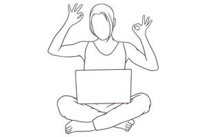 femme heureuse dessinée à la main travail à domicile avec illustration d'ordinateur portable vecteur