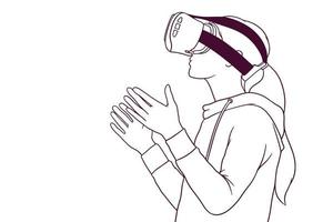 jeune femme jouant à un jeu à l'aide de lunettes vr. notion de technologie. illustration vectorielle de style dessiné à la main vecteur