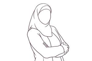 femme d'affaires en hijab debout avec les bras croisés. illustration vectorielle de style dessiné à la main vecteur