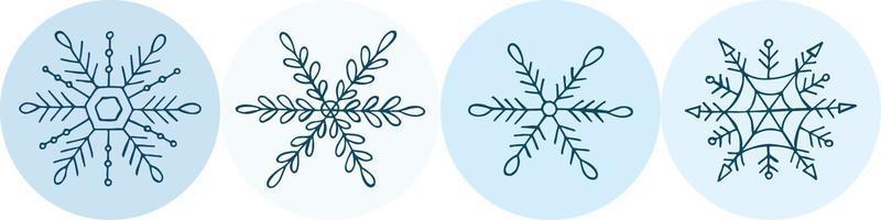 un ensemble de flocons de neige dessinés à la main. illustration vectorielle dans un style doodle. humeur d'hiver. bonjour 2023. joyeux noël et bonne année. éléments bleus sur fond bleu clair. vecteur