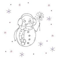 mignon bonhomme de neige avec des flocons de neige violets et roses sur fond blanc. illustration vectorielle dans un style doodle. humeur d'hiver. bonjour 2023. joyeux noël et bonne année. vecteur