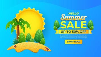 modèle de conception de vente d'été avec des feuilles tropicales sur fond d'île vecteur