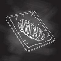 illustration vectorielle dessinée à la main de pain sur une plaque à pâtisserie. croquis blanc isolé sur tableau noir. icône de croquis et élément de boulangerie pour l'impression, le web, le mobile et l'infographie. vecteur