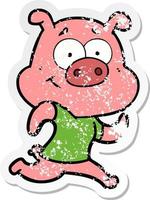 autocollant en détresse d'un cochon de dessin animé heureux en cours d'exécution vecteur