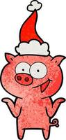 dessin animé texturé d'un cochon sans soucis portant un bonnet de noel vecteur