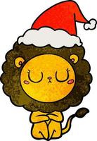 caricature texturée d'un lion portant un bonnet de noel vecteur