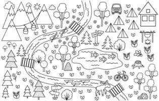 carte de camping en noir et blanc. fond de camp d'été. image vectorielle clipart nature, éléments de contour infographique ou page de coloriage avec montagnes, forêt, rivière, vélo, téléphérique. plan de randonnée ou de feu de camp. vecteur