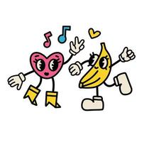 couple vintage de personnages de dessins animés. mascotte rétro, nourriture kawaii. humanisation du sujet, entendre et banane avec jambes et bras et visage, bottines et gants. Conception de personnages des années 30. clipart vectoriel