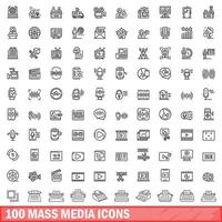 Ensemble de 100 icônes de médias de masse, style de contour vecteur