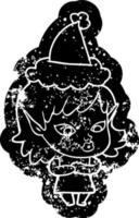 jolie icône en détresse de dessin animé d'une fille elfe portant un bonnet de noel vecteur