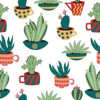 motif transparent coloré et lumineux avec des cactus colorés dans les tasses sur fond blanc. vecteur