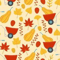 modèle sans couture d'automne avec illustration vectorielle de wheelbaarows, citrouilles, feuilles et branches vecteur