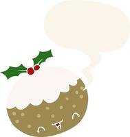 pudding de noël dessin animé mignon et bulle de dialogue dans un style rétro vecteur