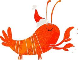 dessin animé rétro d'un homard portant un bonnet de noel vecteur
