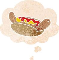 dessin animé hot-dog et bulle de pensée dans un style texturé rétro vecteur