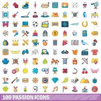 Ensemble de 100 icônes passion, style dessin animé