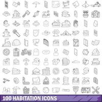 Ensemble de 100 icônes d'habitation, style de contour vecteur