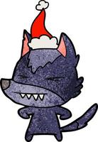 dessin animé texturé de loup en colère portant un bonnet de noel vecteur