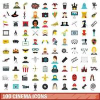 Ensemble de 100 icônes de cinéma, style plat vecteur