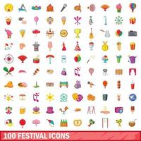 Ensemble de 100 icônes de festival, style dessin animé vecteur